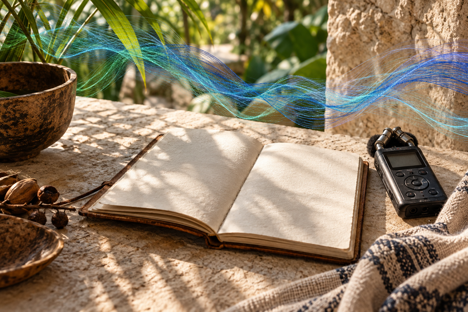Cuaderno de campo y grabadora para documentar voces
